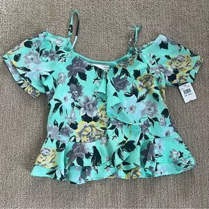 J.O.A. Teal Flower Ruffle off the shoulder cap sleeves Blouse
